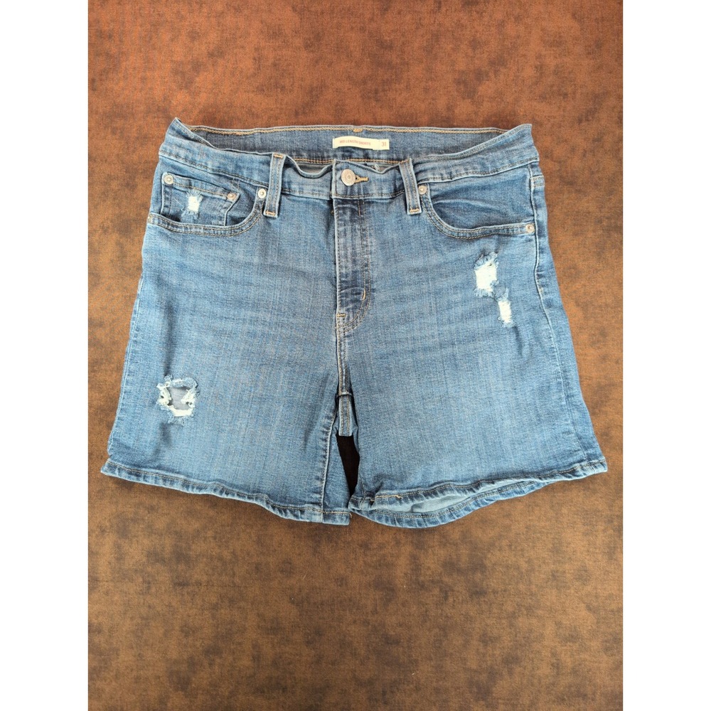 Levis Womens Mid Length Distressed Denim Shorts Medium Wash Blue Size 31 12